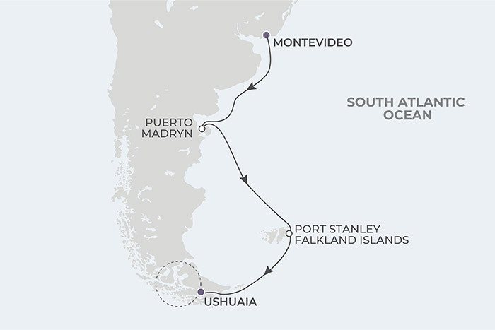 Atlas Ocean Voyages Montevideo to Ushuaia Itinerary Map